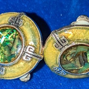 Vintage Shell Abalone / Foil Inlay Metal clip on earrings